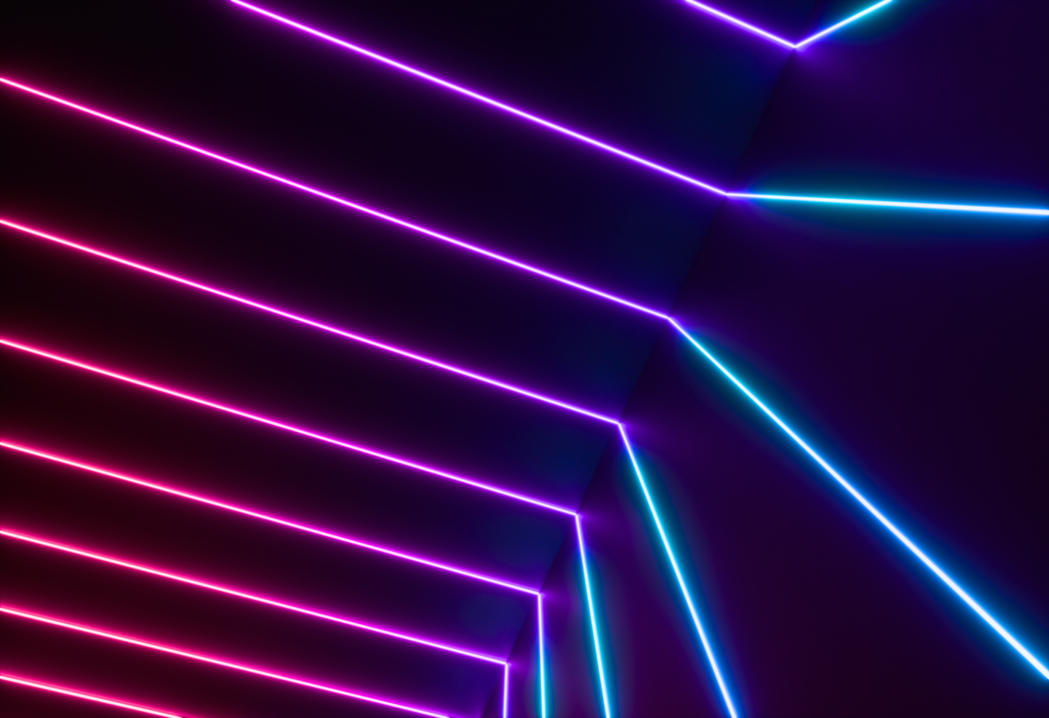 Sunset Portal cyan and pink light lines spanning a wall and ceiling