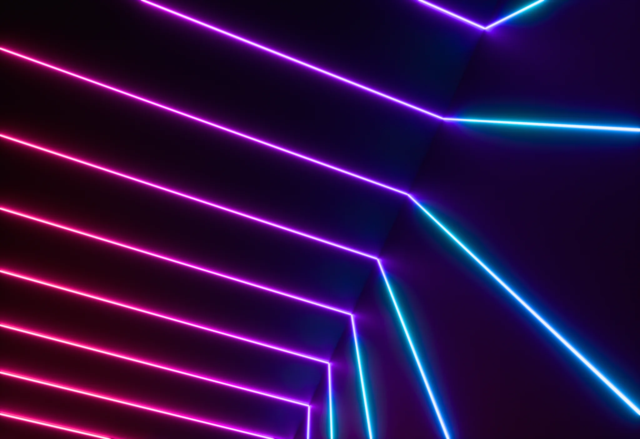 Sunset Portal cyan and pink light lines spanning a wall and ceiling